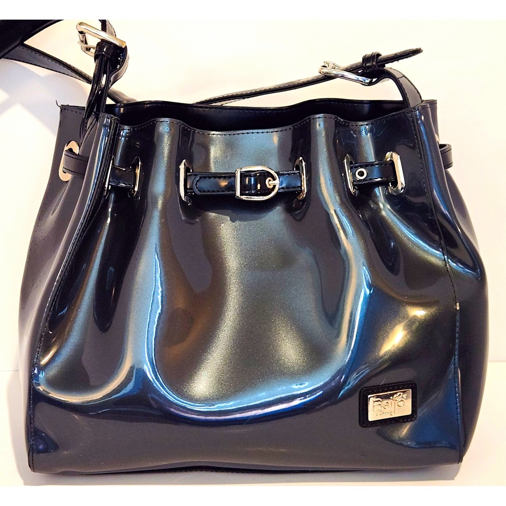 Beijo Classic Black Patent Shoulder Bag Silver Hardware Adjustable Strap Pockets